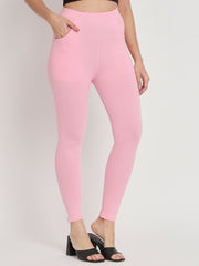 Thread Plus D Pocket Stretchable Solid Cotton Pants for Women Baby Pink