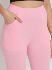 Thread Plus D Pocket Stretchable Solid Cotton Pants for Women Baby Pink