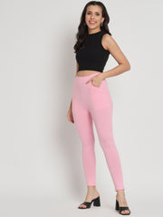 Thread Plus D Pocket Stretchable Solid Cotton Pants for Women Baby Pink