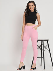 Thread Plus D Pocket Stretchable Solid Cotton Pants for Women Baby Pink