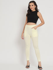 Thread Plus D Pocket Stretchable Solid Cotton Pants for Women Cream