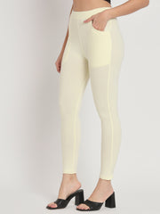 Thread Plus D Pocket Stretchable Solid Cotton Pants for Women Cream