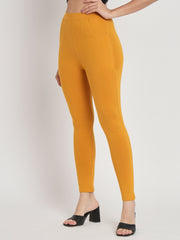 Thread Plus D Pocket Stretchable Solid Cotton Pants for Women Mustard