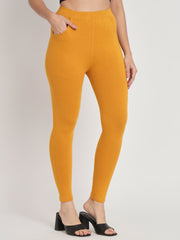 Thread Plus D Pocket Stretchable Solid Cotton Pants for Women Mustard