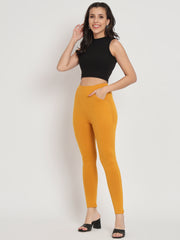 Thread Plus D Pocket Stretchable Solid Cotton Pants for Women Mustard