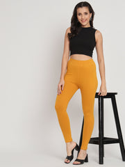 Thread Plus D Pocket Stretchable Solid Cotton Pants for Women Mustard