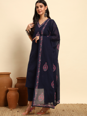 Thread Plus Slub Cotton Hand Block Kurti Set Of 3 Without Sleeves With Malmal Dupatta Navy Blue