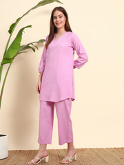 Thread Plus Lavender Color Cotton Flax Fabric Regular Fit V-Neck Co-Ord Set for Women