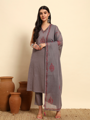 Thread Plus Slub Cotton Hand Block Kurti Set Of 3 Without Sleeves With Malmal Dupatta Grey