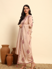 Thread Plus Slub Cotton Hand Block Kurti Set Of 3 Without Sleeves With Malmal Dupatta Onion Pink