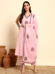 Thread Plus Slub Cotton Hand Block Kurti Set Of 3 Without Sleeves With Malmal Dupatta Baby Pink