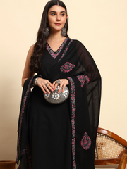 Thread Plus Slub Cotton Hand Block Kurti Set Of 3 Without Sleeves With Malmal Dupatta Black