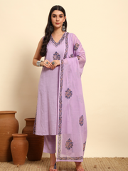 Thread Plus Slub Cotton Hand Block Kurti Set Of 3 Without Sleeves With Malmal Dupatta Lavender