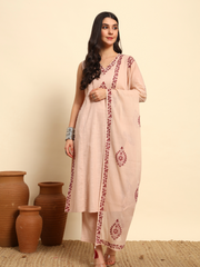 Thread Plus Slub Cotton Hand Block Kurti Set Of 3 Without Sleeves With Malmal Dupatta Onion Pink