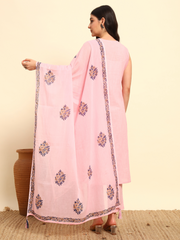 Thread Plus Slub Cotton Hand Block Kurti Set Of 3 Without Sleeves With Malmal Dupatta Baby Pink