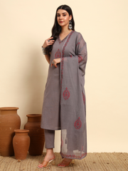 Thread Plus Slub Cotton Hand Block Kurti Set Of 3 Without Sleeves With Malmal Dupatta Grey