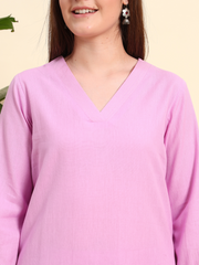 Thread Plus Lavender Color Cotton Flax Fabric Regular Fit V-Neck Co-Ord Set for Women