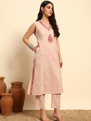 Thread Plus Slub Cotton Hand Block Kurti Set Of 3 Without Sleeves With Malmal Dupatta Onion Pink