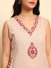 Thread Plus Slub Cotton Hand Block Kurti Set Of 3 Without Sleeves With Malmal Dupatta Onion Pink