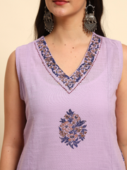 Thread Plus Slub Cotton Hand Block Kurti Set Of 3 Without Sleeves With Malmal Dupatta Lavender