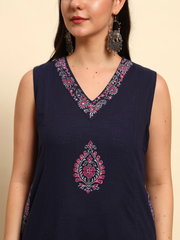 Thread Plus Slub Cotton Hand Block Kurti Set Of 3 Without Sleeves With Malmal Dupatta Navy Blue