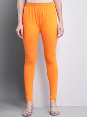 Thread Plus Ankle Length Super Stretchable Solid Cotton Leggings For Women Orange