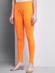 Thread Plus Ankle Length Super Stretchable Solid Cotton Leggings For Women Orange