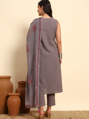 Thread Plus Slub Cotton Hand Block Kurti Set Of 3 Without Sleeves With Malmal Dupatta Grey