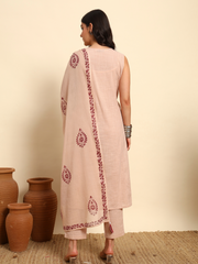 Thread Plus Slub Cotton Hand Block Kurti Set Of 3 Without Sleeves With Malmal Dupatta Onion Pink