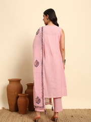 Thread Plus Slub Cotton Hand Block Kurti Set Of 3 Without Sleeves With Malmal Dupatta Baby Pink
