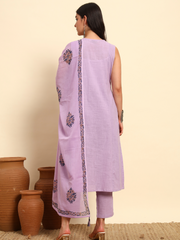 Thread Plus Slub Cotton Hand Block Kurti Set Of 3 Without Sleeves With Malmal Dupatta Lavender
