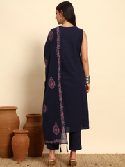 Thread Plus Slub Cotton Hand Block Kurti Set Of 3 Without Sleeves With Malmal Dupatta Navy Blue