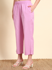 Thread Plus Lavender Color Cotton Flax Fabric Regular Fit V-Neck Co-Ord Set for Women