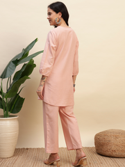 Onion Pink Cotton Flax Fabric Regular Fit V-Neck Co-Ord Set for Women