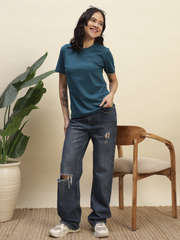 Women's Petrol Blue Color Regular Fit Cotton Round Neck T-Shirt