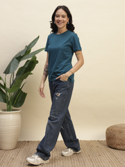 Women's Petrol Blue Color Regular Fit Cotton Round Neck T-Shirt
