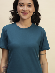 Women's Petrol Blue Color Regular Fit Cotton Round Neck T-Shirt
