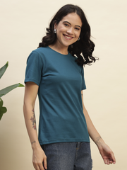 Women's Petrol Blue Color Regular Fit Cotton Round Neck T-Shirt