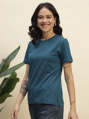 Women's Petrol Blue Color Regular Fit Cotton Round Neck T-Shirt