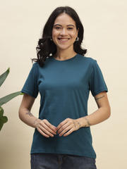 Women's Petrol Blue Color Regular Fit Cotton Round Neck T-Shirt