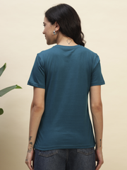 Women's Petrol Blue Color Regular Fit Cotton Round Neck T-Shirt