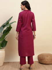 Thread Plus Cotton Flax Set Straight Kurti With Pant In Purple Color For Women