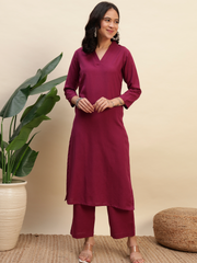 Thread Plus Cotton Flax Set Straight Kurti With Pant In Purple Color For Women