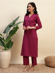 Thread Plus Cotton Flax Set Straight Kurti With Pant In Purple Color For Women