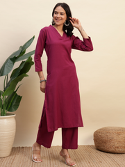 Thread Plus Cotton Flax Set Straight Kurti With Pant In Purple Color For Women