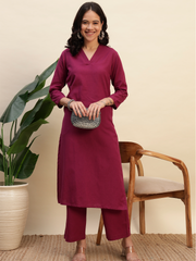 Thread Plus Cotton Flax Set Straight Kurti With Pant In Purple Color For Women
