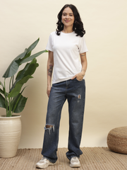 Women's White Color Regular Fit Cotton Round Neck T-Shirt