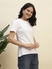 Women's White Color Regular Fit Cotton Round Neck T-Shirt
