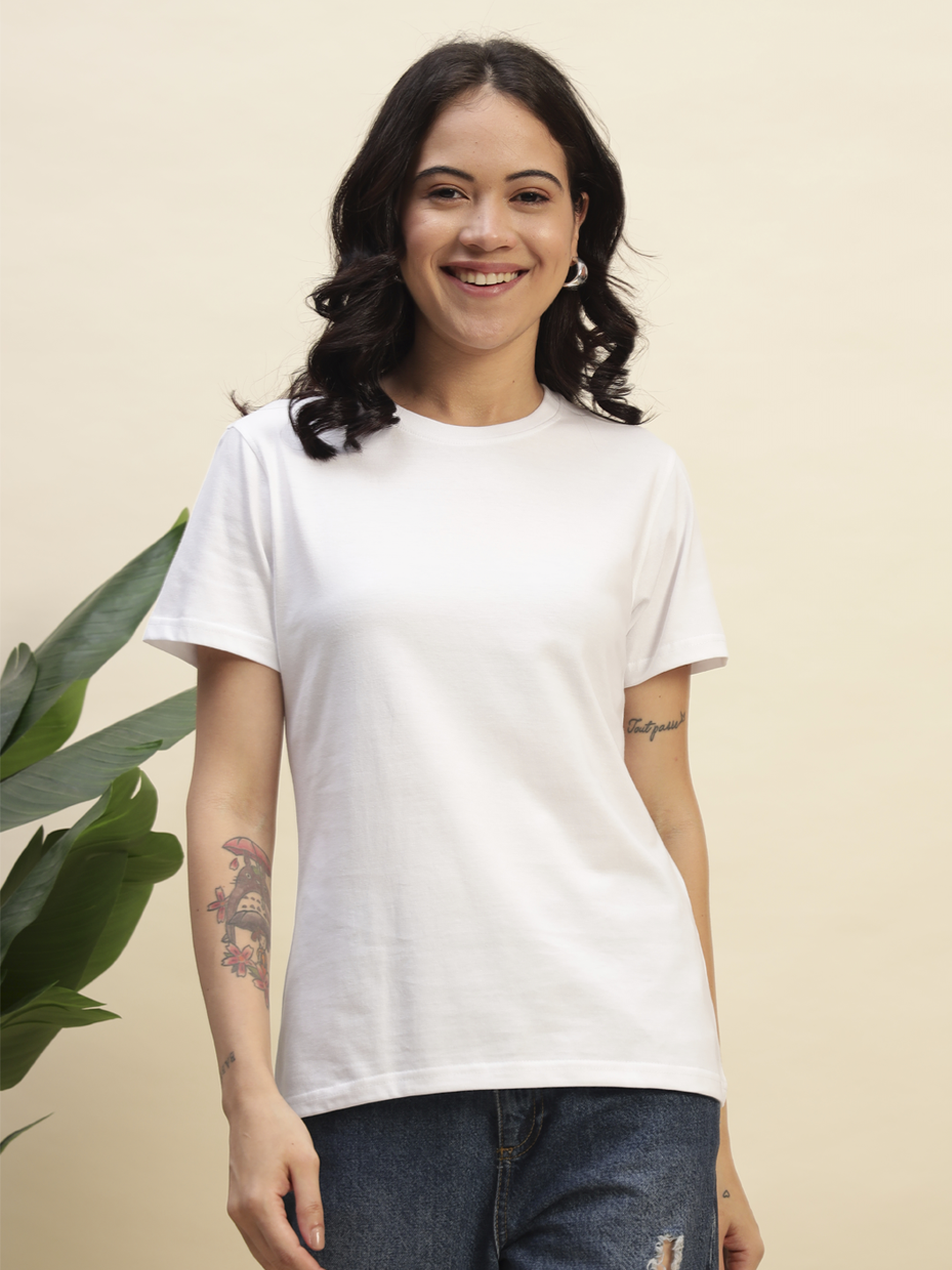 Women's White Color Regular Fit Cotton Round Neck T-Shirt