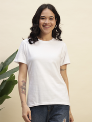 Women's White Color Regular Fit Cotton Round Neck T-Shirt